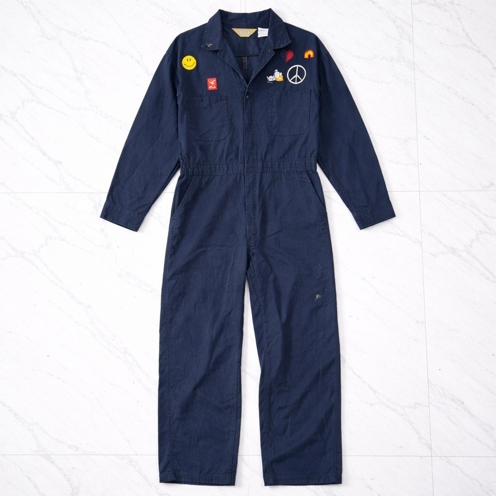 Vintage Thrashed utility Workwear Navy Blue Patch Coveralls Jumpsuit  plus‎ size